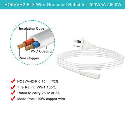 SAA tot IEC C7 Power Cord 2-Pin AU Plug 1M Wit ROHS gecertificeerd