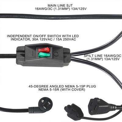 15A/125V Flat Plug Inline 1 Main Line 2 Sub Nema 515P 3Pin Y Type Splitter Power Cord Met Switch