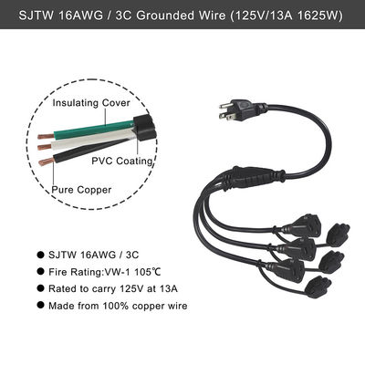USA-certificaat 6Ft 3 Pin Plug 515P tot 3 Way Nema 515R Ac Extension Cord Three Prong Outlet Splitter