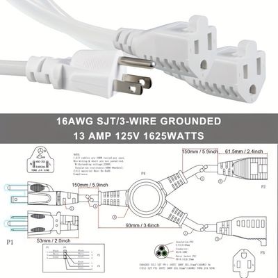 125V 13A elektrisch stroomkoord NEMA5-15P naar NEMA 5-15R 1 tot 2 Y Splitter SJT 16AWG 3 draad