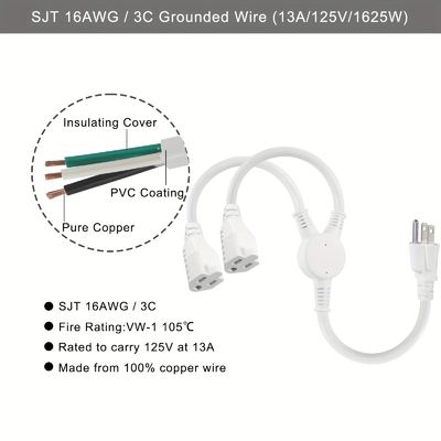 125V 13A elektrisch stroomkoord NEMA5-15P naar NEMA 5-15R 1 tot 2 Y Splitter SJT 16AWG 3 draad