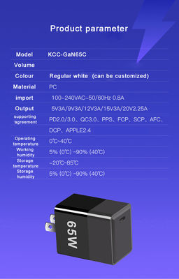 Kortsluitingsbescherming 65W GaN-oplader met QC4.0 PD en USB C-poorten EU/US/UK Plug