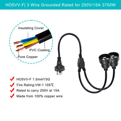 Australië Plug H05vv-f 3g 3*0.5mm2/0.75mm2 IEC Connector Power Cord met dubbele vrouwelijke
