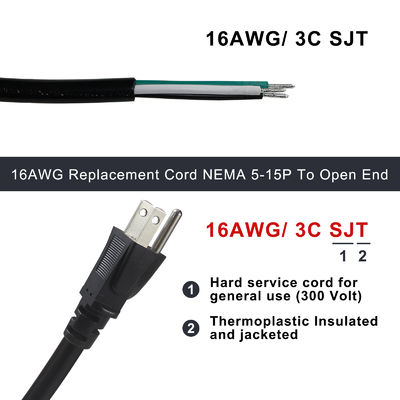 NEMA 5-15P tot en met 10 mm Power Stripped Extension Cord SJT SJTW 3 Wire Cable