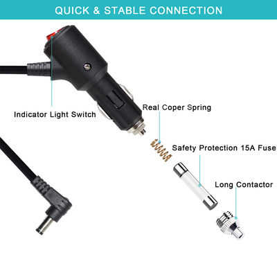 15A gezekerde auto sigarettenaansteker kabel met haakse DC 2.1MM jack