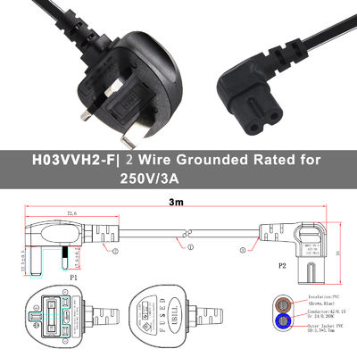 BS Computer AC kabel rechthoekige C7 standaard verlenging 3 draad 10A 250V Britse stroomkabel met PVC-jas en IEC vrouwelijk eindtype