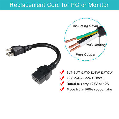 3 pin Sjt met kabel Sjtw Iec 320 C19 naar Nema 5-15p 3pin Lock Ac Extension 5ft 6ft