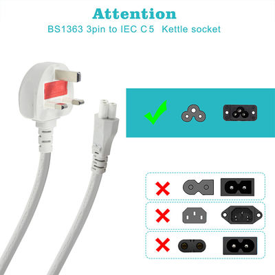 UK 3-pins C5 netsnoer 6ft Zwart Wit PVC-mantel BS ROHS gecertificeerd