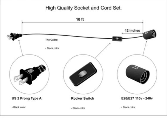 NEMA 1-15P E14 Socket Converter Cable met 303 Switch - 3 Prong Plug to Bulb Adapter voor tafellamp/kroonluchter (125V 3A)