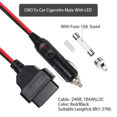 Universal Car Cigar Lighter to OBD2 Diagnostic Cable for Vehicle Scanner with 16ft 12V-24V Safety Certified