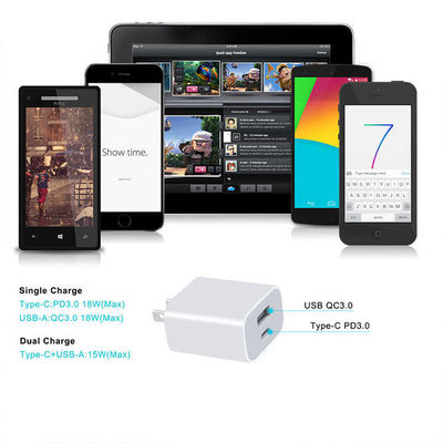 US 2-pins 18W Dual USB Wandlader – Type-C & USB-A Snellaadadapter voor Smartphone, Tablet, Camera