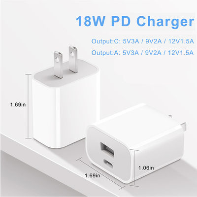 US 2-pins 18W Dual USB Wandlader – Type-C & USB-A Snellaadadapter voor Smartphone, Tablet, Camera