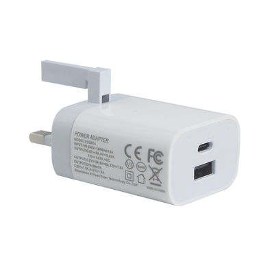 Britse 2-pin muuroplader met USB-C- en USB-A-poorten, 20W-uitgang, compacte dual-port-stroomadapter voor telefoon/tablet