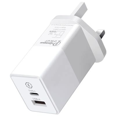 Britse 2-pin wandlader met USB-C en USB-A-poorten, 65W Dual Port High-Speed Power Adapter voor laptop/telefoon/tablet