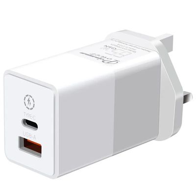 Britse 2-pin wandlader met USB-C en USB-A-poorten, 65W Dual Port High-Speed Power Adapter voor laptop/telefoon/tablet