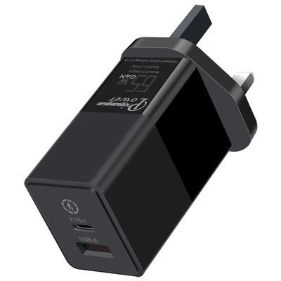 Britse 2-pin wandlader met USB-C en USB-A-poorten, 65W Dual Port High-Speed Power Adapter voor laptop/telefoon/tablet