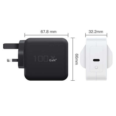 UK 2-pins USB-C-oplader met dubbele poorten, 100W snelle Type-C-stroomadapter voor laptops, tablets en smartphones