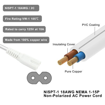 QIUCABLE TV Power Cord - 2Pack 10FT 2 Prong Non-Polarized Plug NEMA 1-15P tot C7 Figuur 8 Vervangingstoevoerkabel (B0D7RKLTSJ)