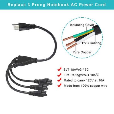 NEMA 5-15P tot 4-Way IEC C5 Power Splitter Cord- US Plug to Cloverleaf Adapter Cable voor laptop, adapter, laptopoplader