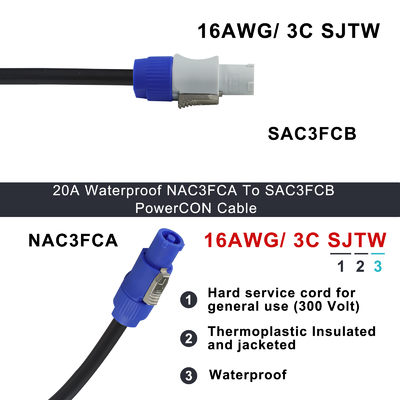 PowerCON Verlengsnoer - 3-pins Vergrendelende AC Stroomkabel voor Podiumsverlichting, Audioapparatuur, Evenement Stroomverdeling