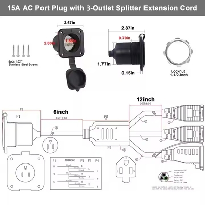 NEMA 5-15P naar 2x 5-15R Y-splitter verlengkabel - 2 stopcontacten, 125V/15A, UL-gecertificeerd voor gebruik binnenshuis