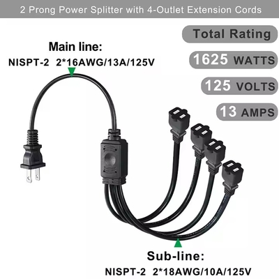 1-tot-4 NEMA 1-15P Flat Plug Power Splitter - ruimtebesparende 125V 15A Multi-Outlet Extension voor thuis/kantoor