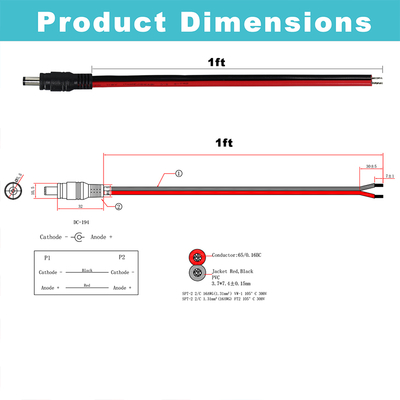 DC Male Plug to Tined Wire Power Cable, 5,5x2,1 mm of 5,5x2,5 mm, 12V DC Power Adapter Cord voor CCTV, LED, DIY
