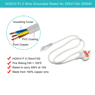Grijze UK naar C5 netsnoer 1.5M 3-polige klaverbladkabel 250V 2.5A
