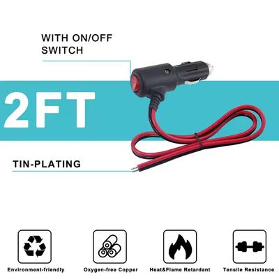 12V 24V Car Cigarette Lighter Plug to Tinned Stripped Wire Power Cable for Automotive LED Lights, GPS, Dash Camera