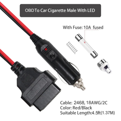 12V auto sigarettenanklaar aansluiting op OBD2 connector Diagnostische voedingskabel met veiligheidsbeveiliging voor automotive scanner code reader ECU